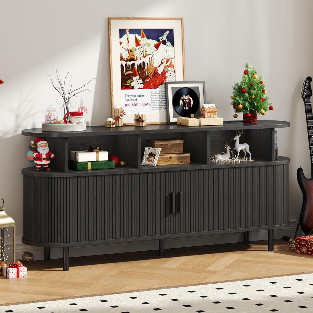 69" Large Round Record Player Stand with Charging Station, Black