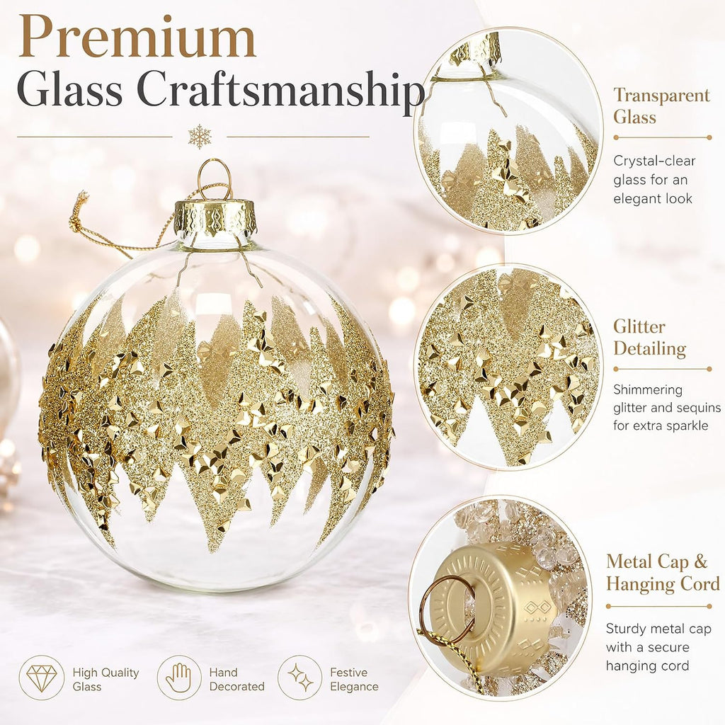 Glass Champagne Christmas Ball Ornaments, 3.15in Glitter Tree Decor - Set of 6