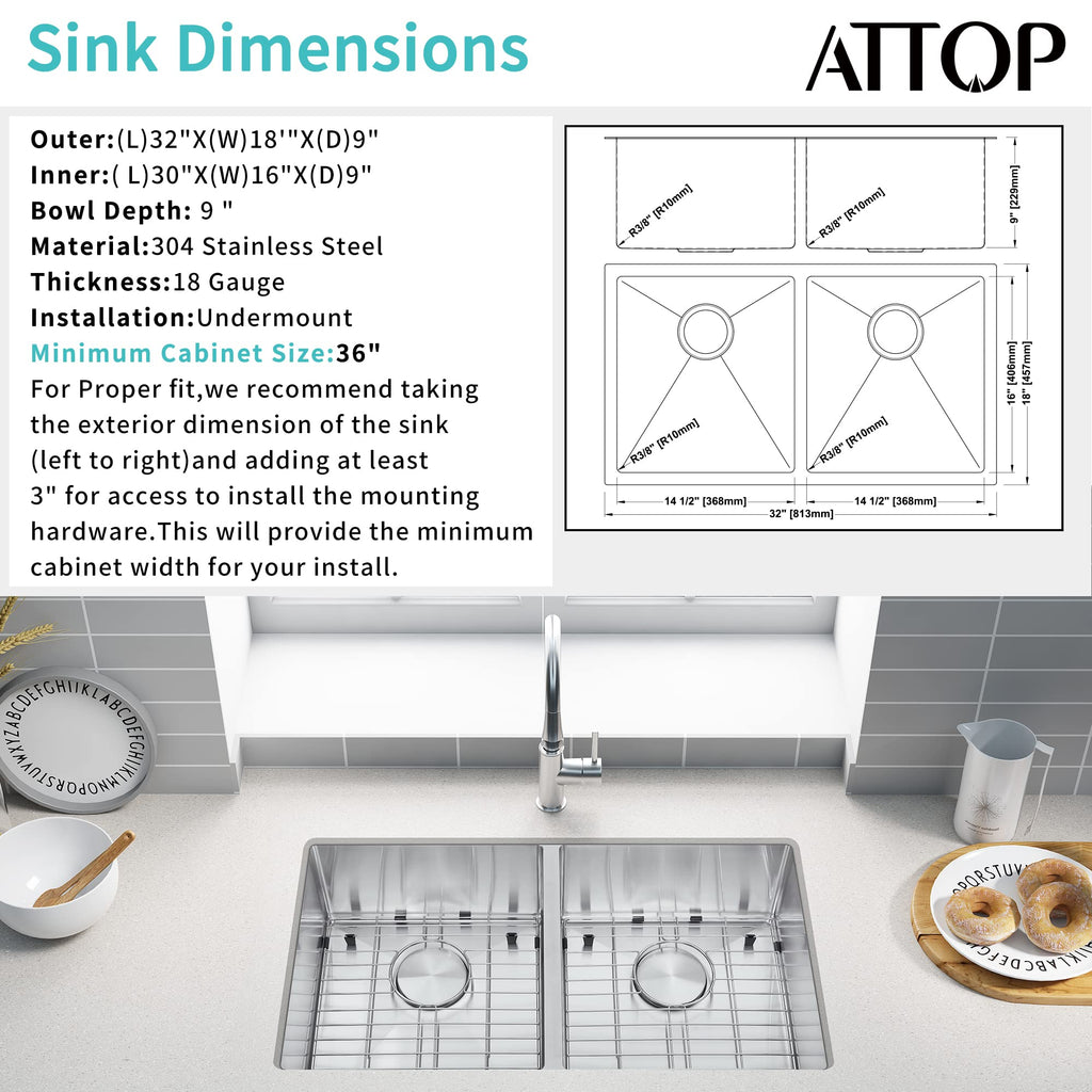 32 Inch Double Bowls Brushed Undermount Kitchen Sink