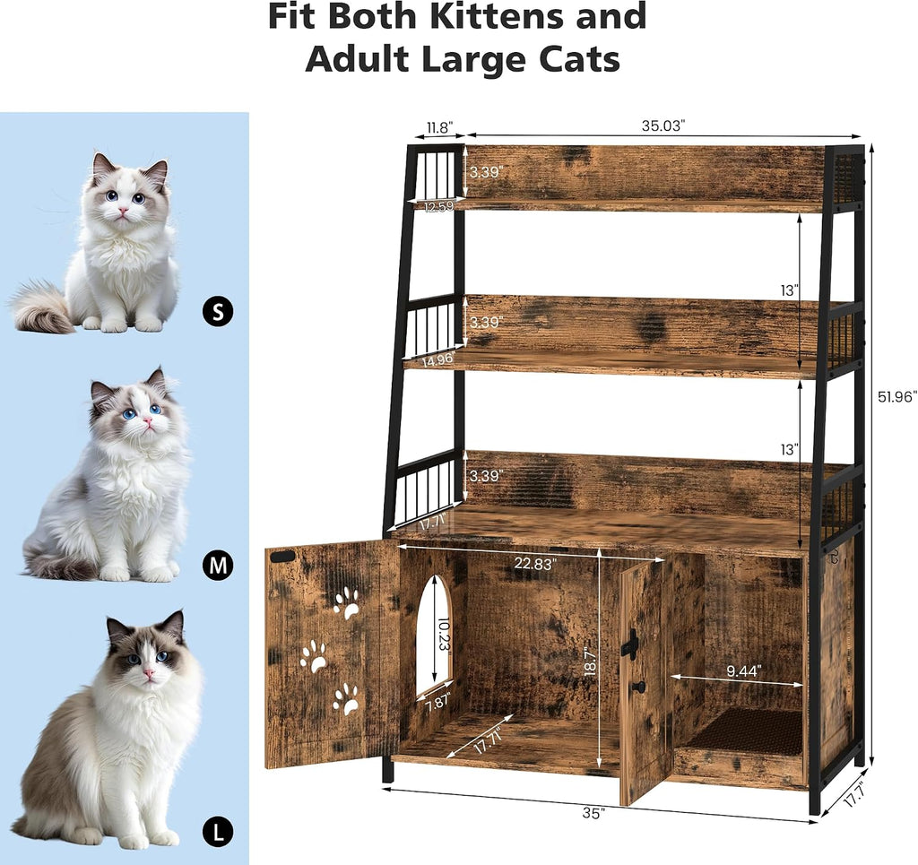 Large Cat Litter Box Enclosure with Shelf Storage, Hidden Cat Washroom Furniture, Wooden Cat House with Scratch Pad