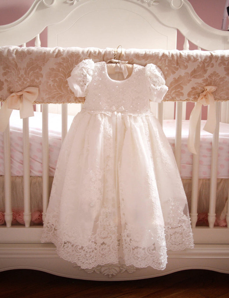 Ivory Baptism Dress Beading Lace Long Christening Gowns for Girls with Bonnet Newborn