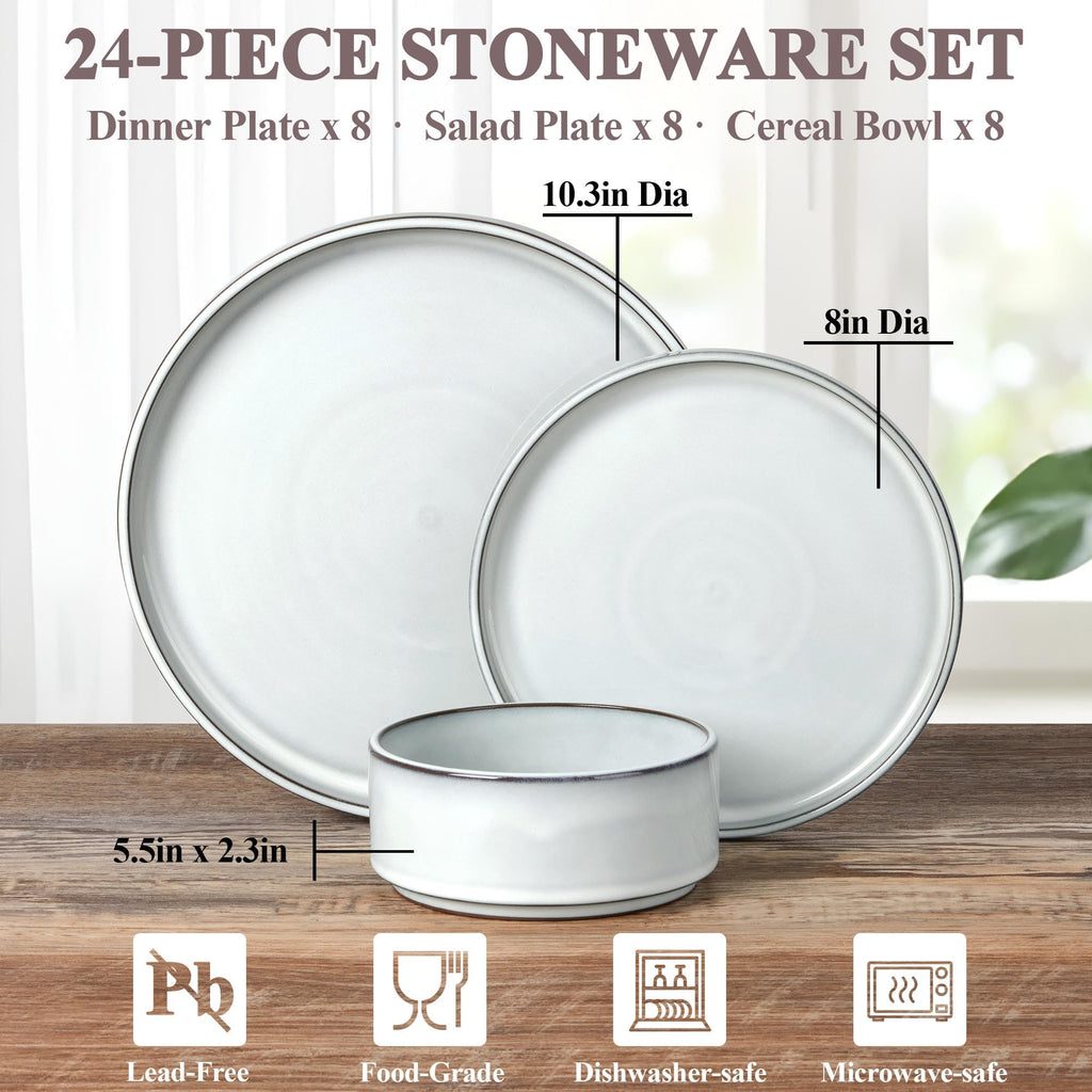 24 Pieces Stoneware Dinnerware Set for 8, Ceramic Dinner Dishware Sets Kitchen, Plates and Bowls with Rustic