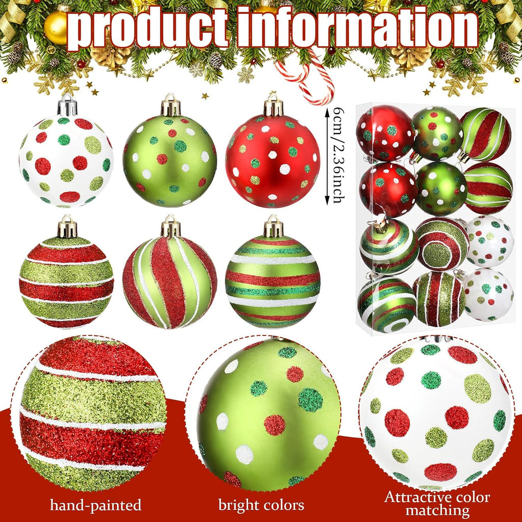 Christmas Tree Decoration Ball Ornament, Red White and Green - Set of 12