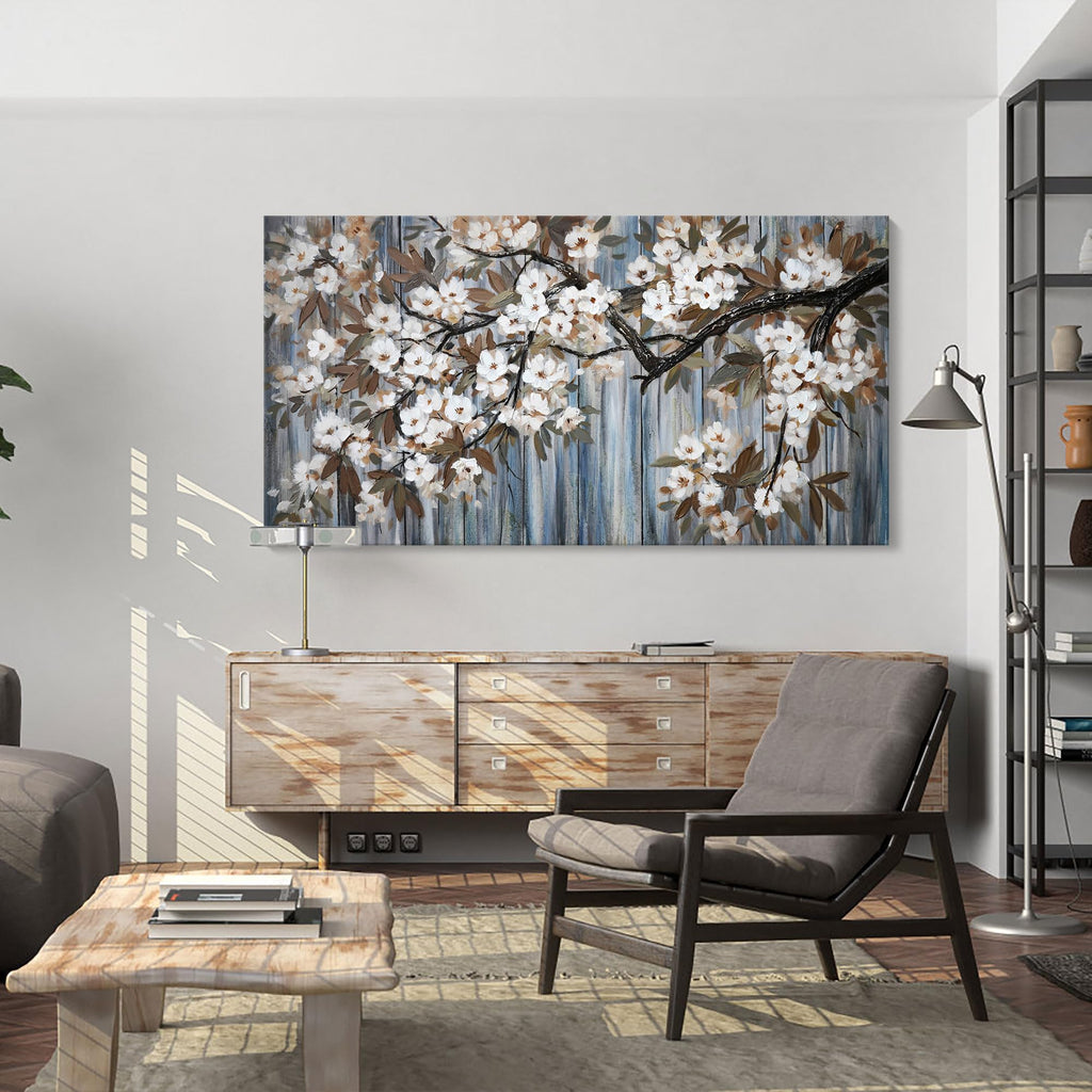 Large Canvas Wall Art Wall Decor Abstract White Flower Tree with Gray Driftwood Picture Modern Framed Canvas Prints