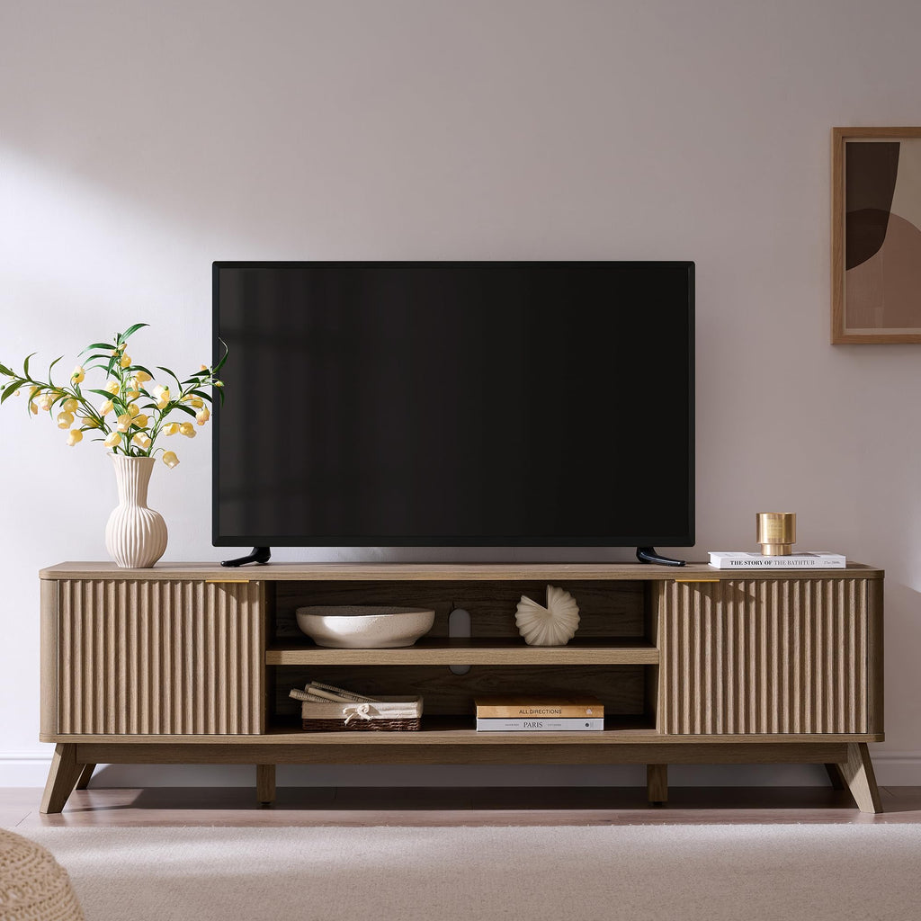 70" Mid Century Modern Fluted TV Stand, 4-Door Storage, Alder Grey