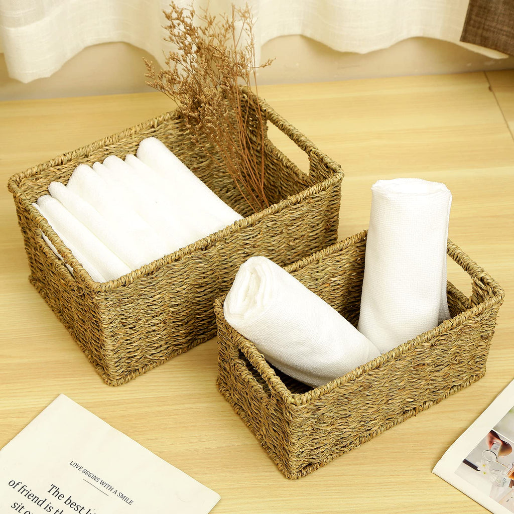 Wicker Baskets for Storage, Seagrass Baskets with Dual Handles, Woven Baskets for Shelves, Set of 2, Natural