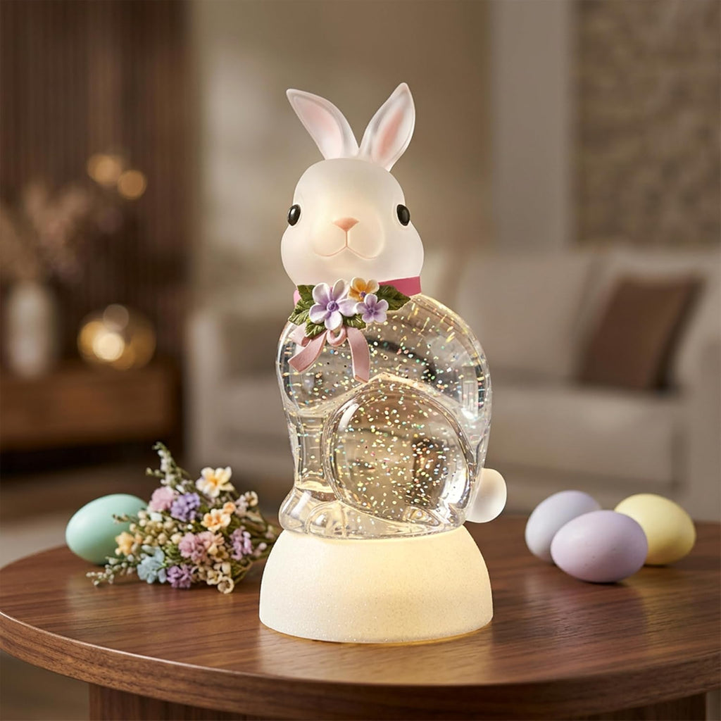 Spring Rabbit Snow Globe Lantern, Rabbit Snowglobe Decor with Swirling Glitter, 6H Timer, USB or Battery Powered