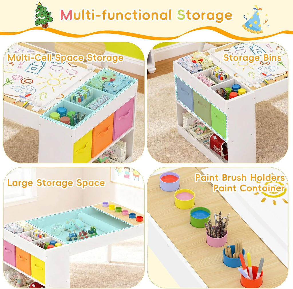 Kids Art Table and 2 Chairs Set, Wooden Craft Desk with Storage Shelves, 3 Storage Bins & Paper Roll for Drawing