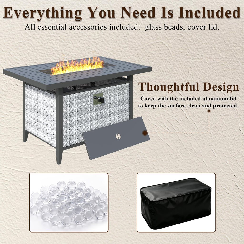 43 in Wicker Propane Fire Pit Table with Lid, 55, 000 BTU