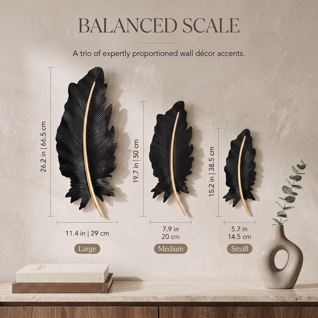 3-Piece 3D Metal Feather Wall Decor Set, Black & Gold