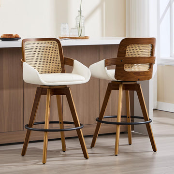 26" Swivel Counter Stools Set of 2 with Rattan Back, Cream