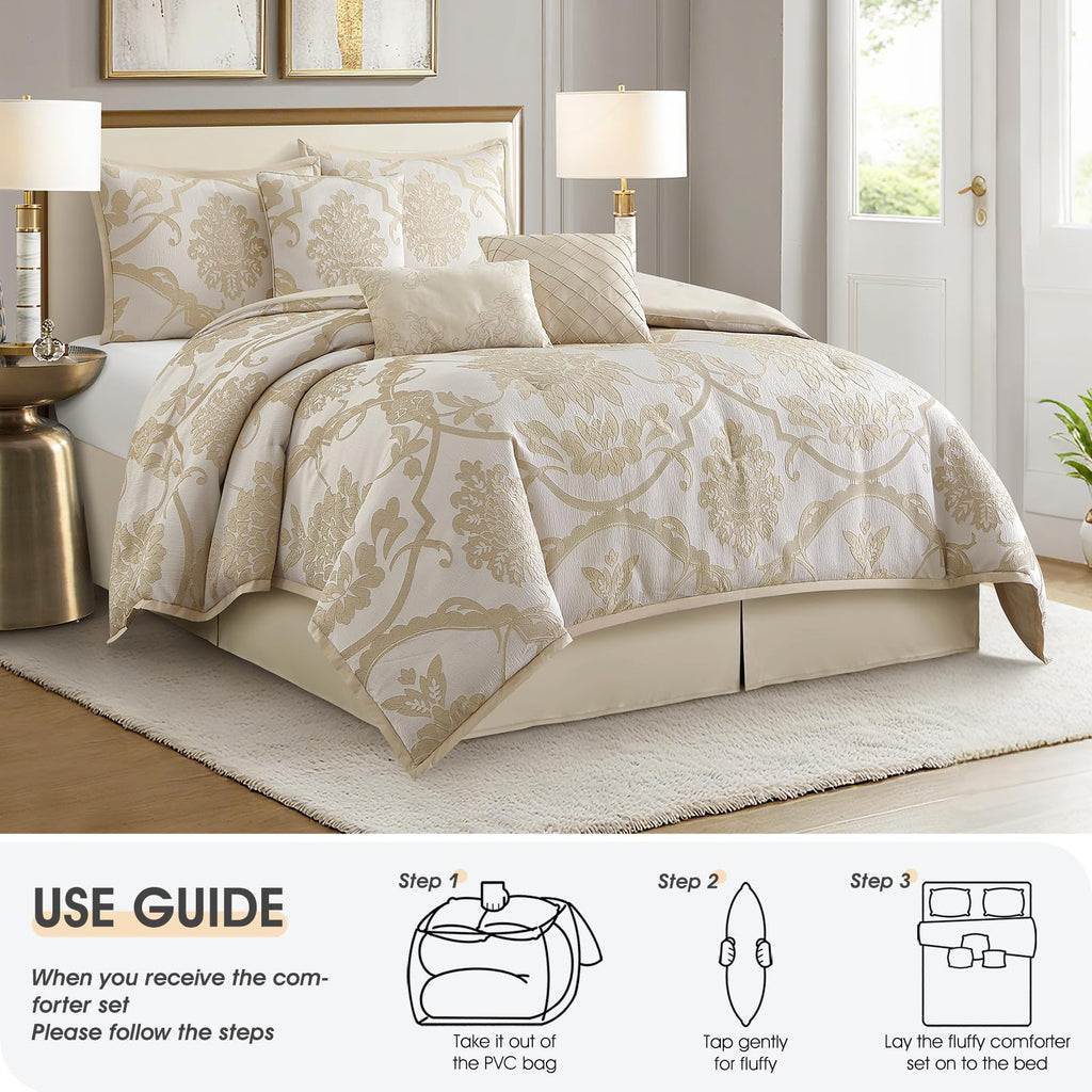 7 Piece Gold Comforter Set, Elegant Jacquard Floral Bed in a Bag, Microfiber Bedding All Seasons with Pillow