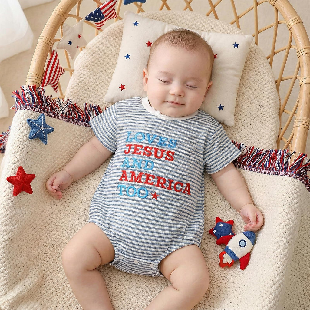 4th Of July Baby Boy Outfit Newborn Infant Waffle Short Sleeve Bubble Romper Toddler Cute Summer Patriotic Clothes (C