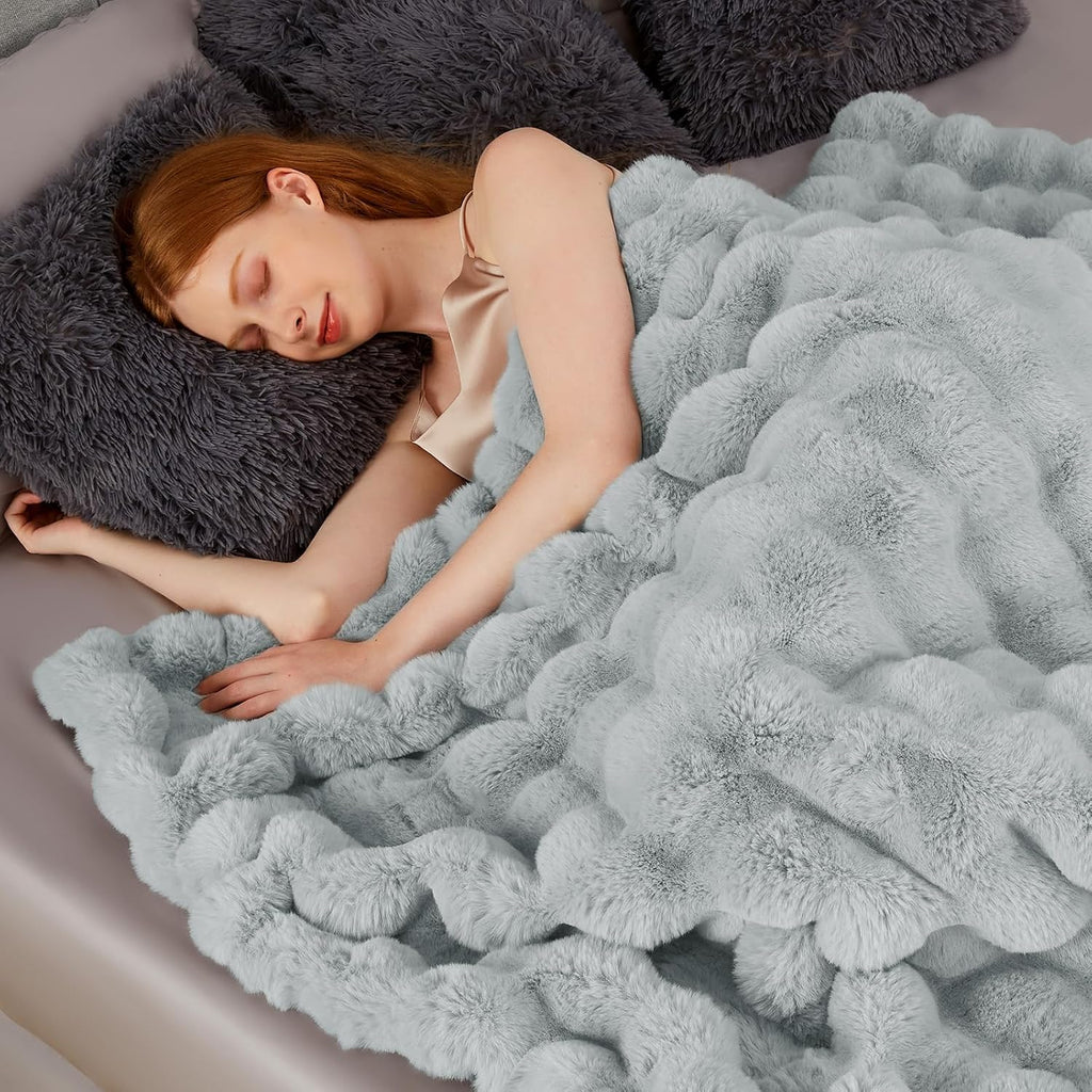 1000GSM Faux Rabbit Fur Throw Blanket, Super Heavy Warm Cozy Grey Blankets for Couch Bed Sofa, Ruched Plush Fuzzy