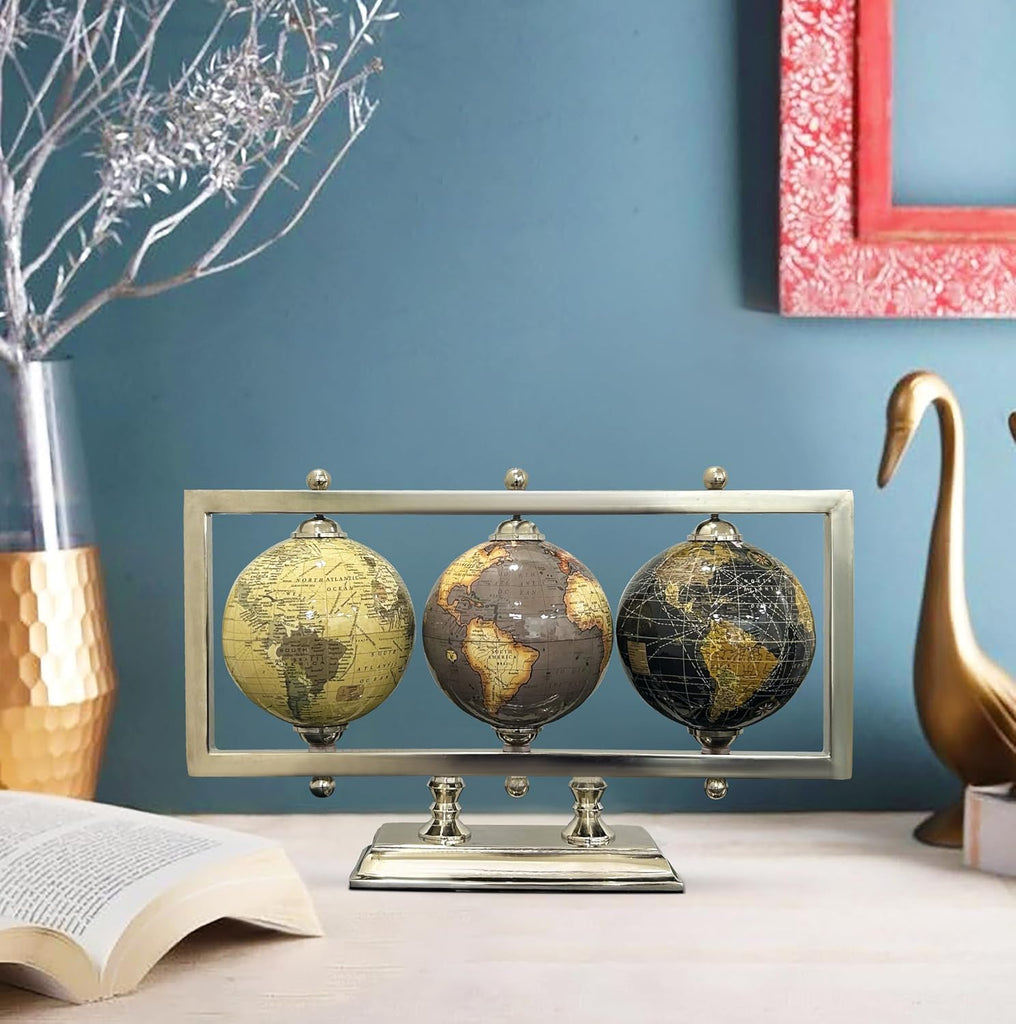 4'' World Globes Sturdy Metal Silver Stand Rotating Desktop Globe For Geographic Home Decorative Desk Table - Set of 3