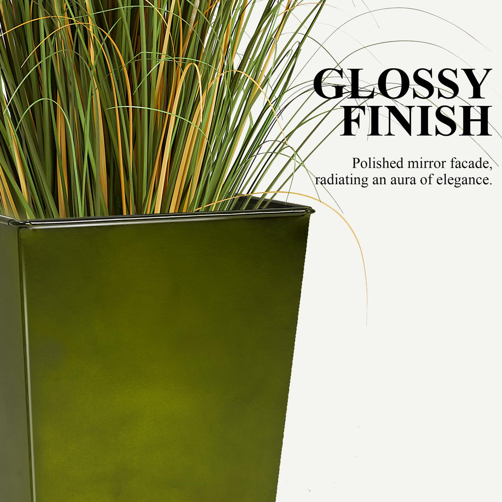 28" Large Metal Glazed Planter Set of 2, Luxurious Glossy Finish Green Tall Square Tapered Steel Plant Pots, Decor