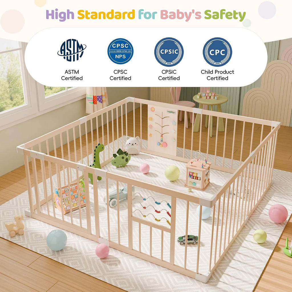 Wooden Baby Playpen, 63" x 63" Adjustable Size & Shape Play Yard Fence for Babies and Toddlers with Locking Gate