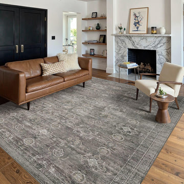 Area Rugs 5x7 for Living Room Bedroom, Grey Washable Rug, Vintage Retro Boho Rug, Non Slip & Low Pile Faux Wool Thin