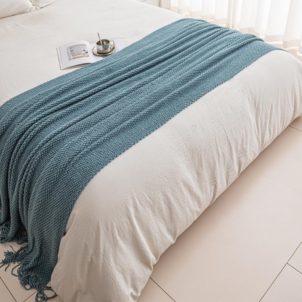 Textured Knit Throw Blanket with Tassel Fringe for Sofa Bed Couch