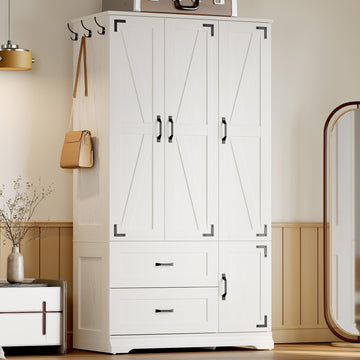 Armoire Wardrobe Closet 71" with 4 Doors & 2 Drawers, White