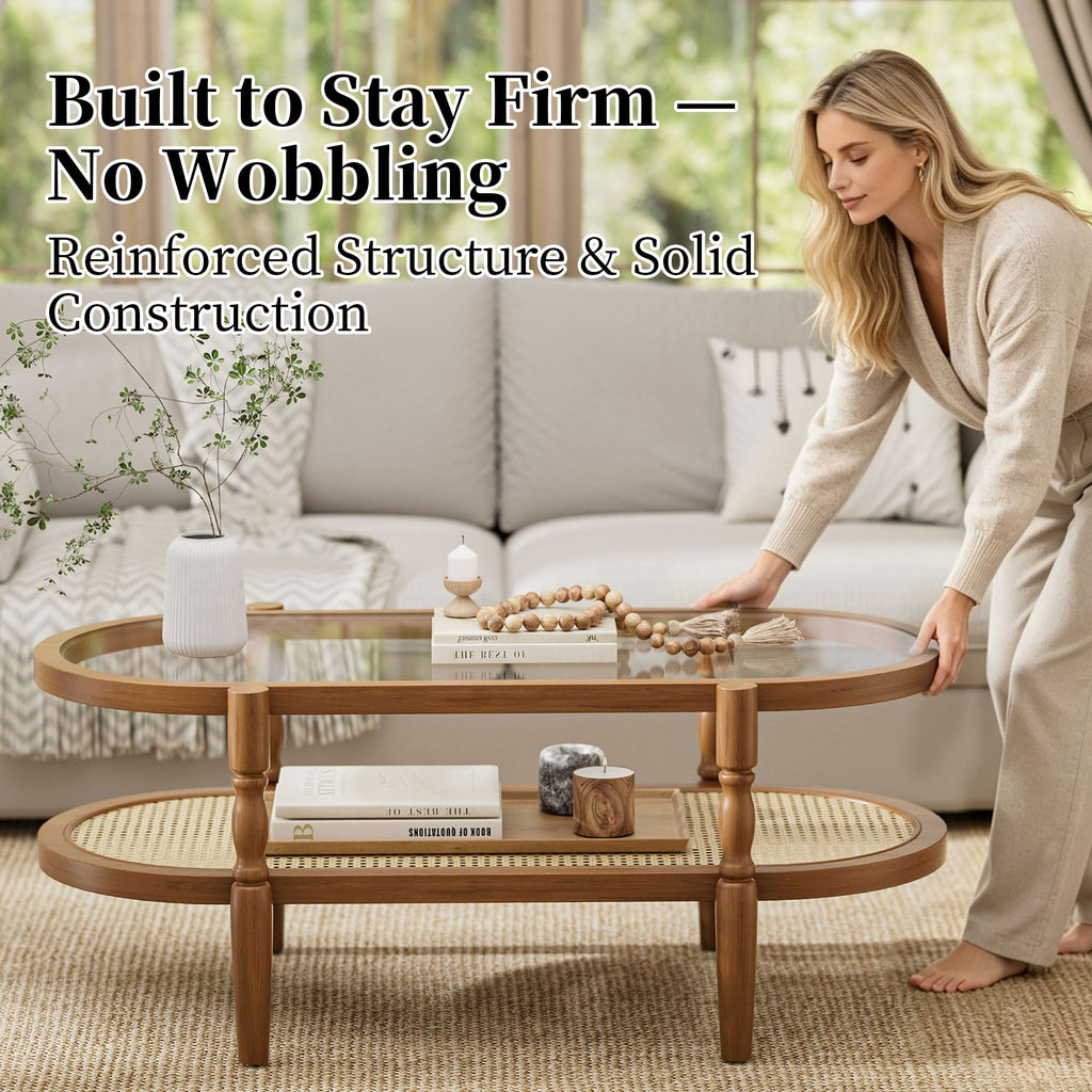 Rattan Coffee Table, Oval Wood Glass Table, Brown, 40 inch