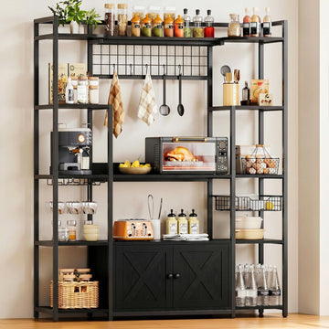 Bakers Rack with Power Outlet, Coffee Bar Cabinet, Vintage Black