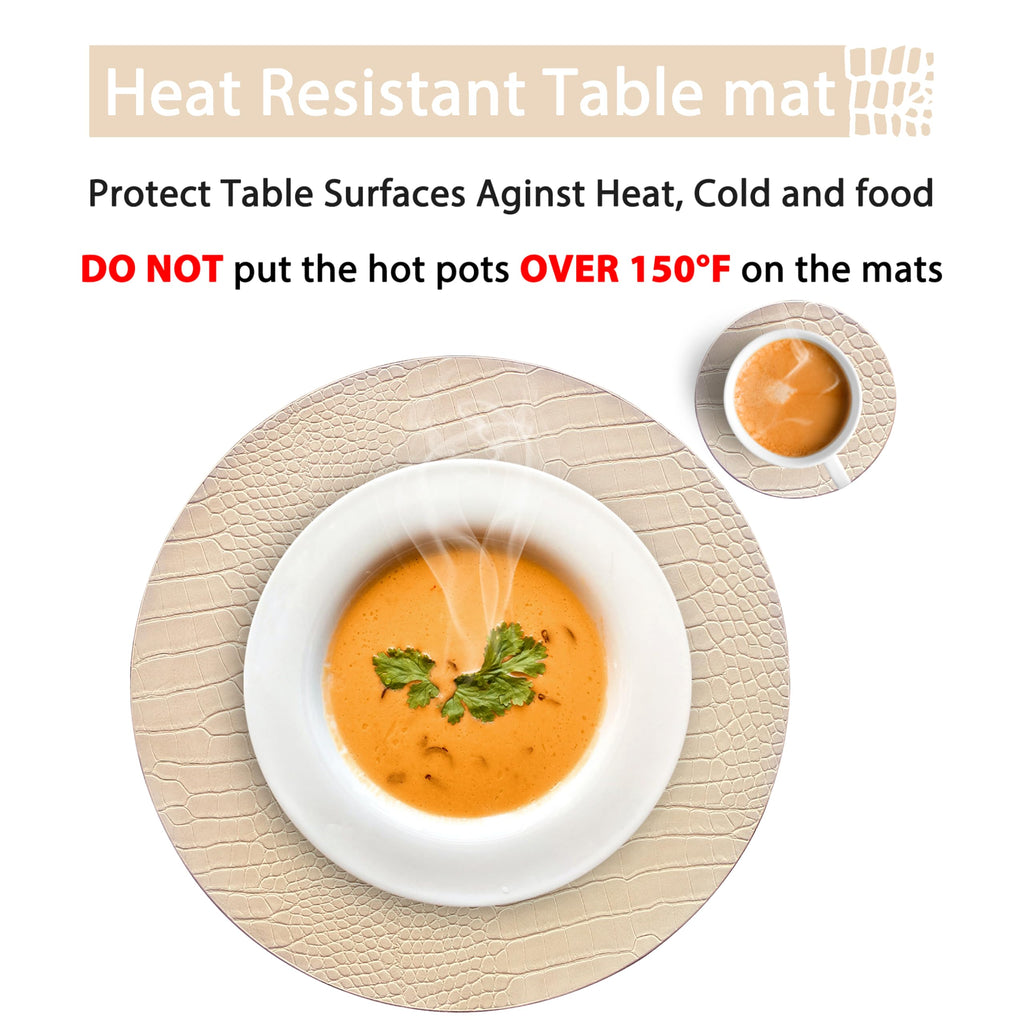 Round Leather Placemats for Round Tables Set of 6, Beige Place Mats and Coasters, Wipeable Waterproof Heat Resistant