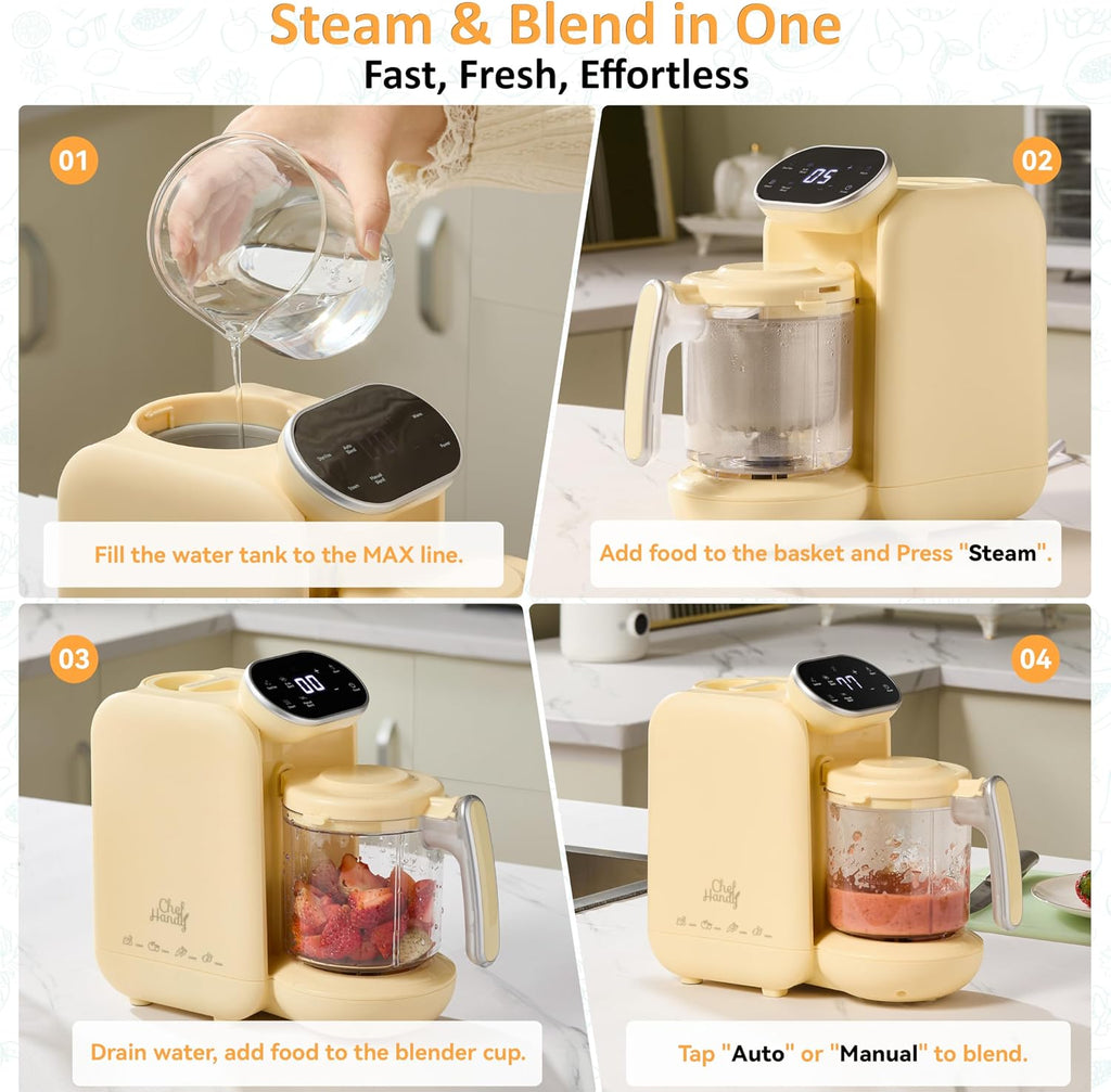 Food Maker with Stainless Steel Basket, Food Processor, Steam & Blend