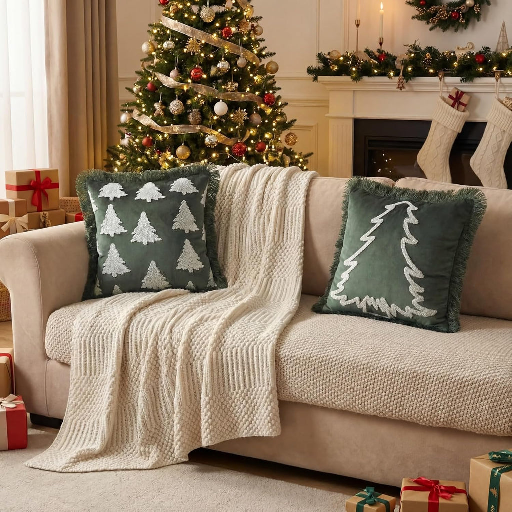 Velvet Christmas Pillow Covers 18x18 Inch Fringe Christmas Tree Embroidery Pillowcase Dutch Velvet Boho - Set of 2