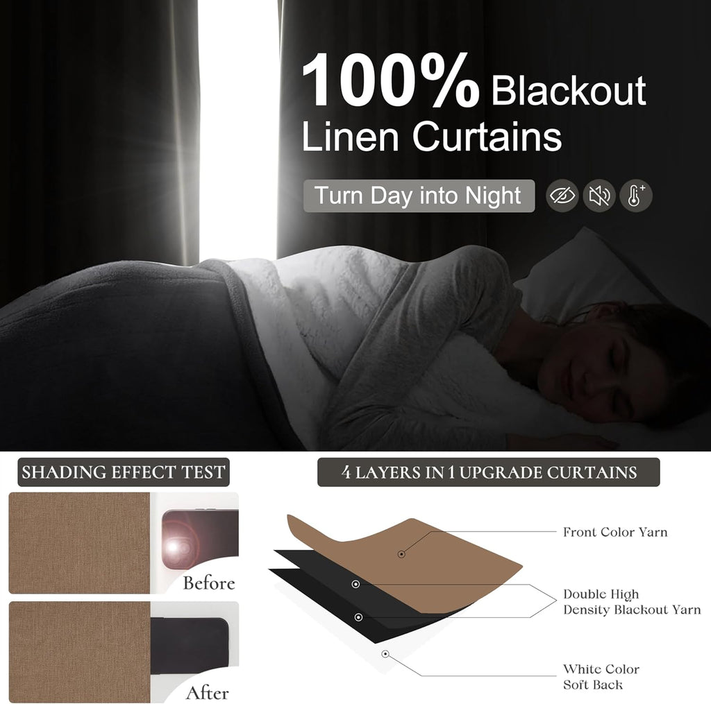 RustBrown Linen Pinch Pleated Blackout Curtains & Drapes 96 Inch Long Bedroom/Livingroom Farmhouse Curtains 2 Panel