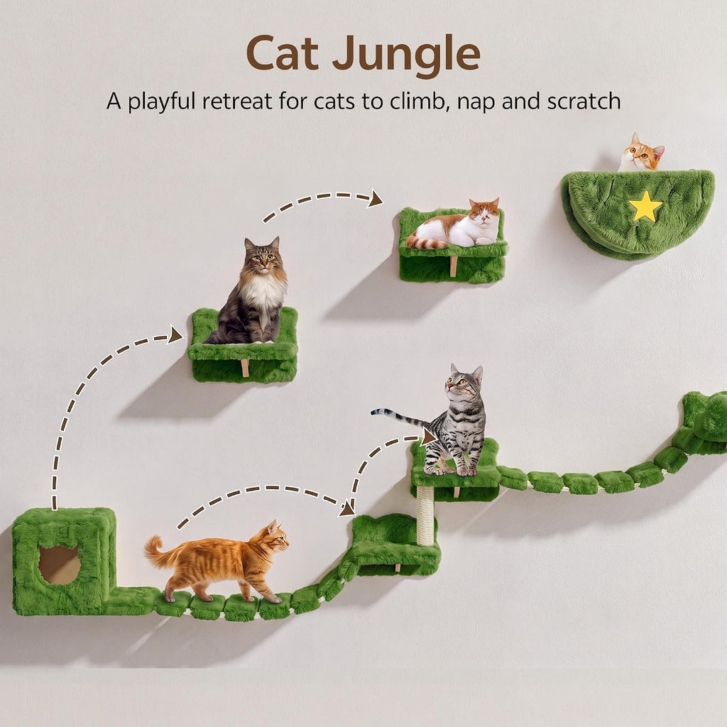 Cat Wall Furniture, 13 in 1 Moon & Bridge Cat Wall Shelves, Green