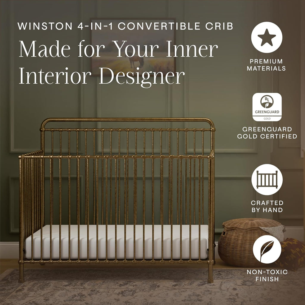 Winston 4-in-1 Convertible Crib w/Wheels Vintage Gold Bedside | GREENGUARD Gold Certified - Portable, Metal Baby Crib