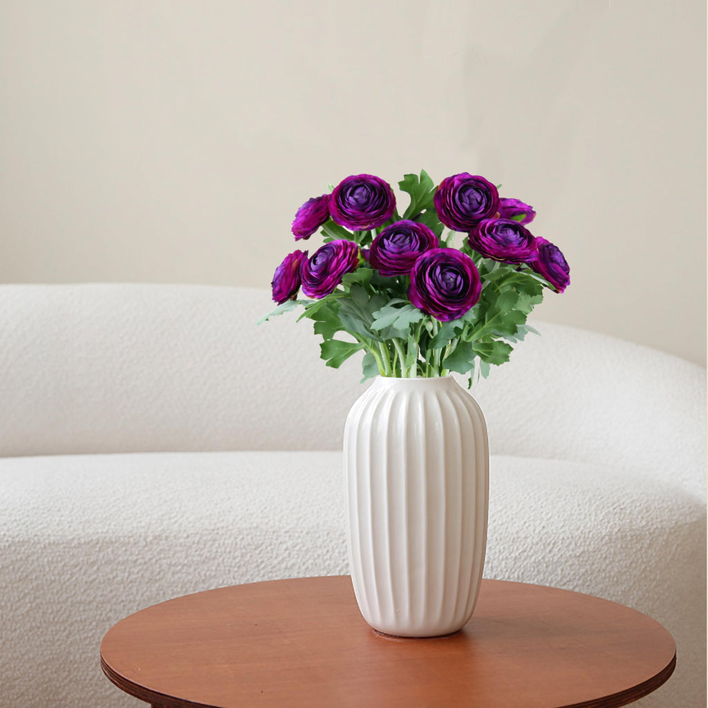 Artificial Ranunculus Flowers Purple, 10 Pack Real Touch Silk, 19 Inch with Blooming Flowers & Buds, Fuzzy Wired Stems