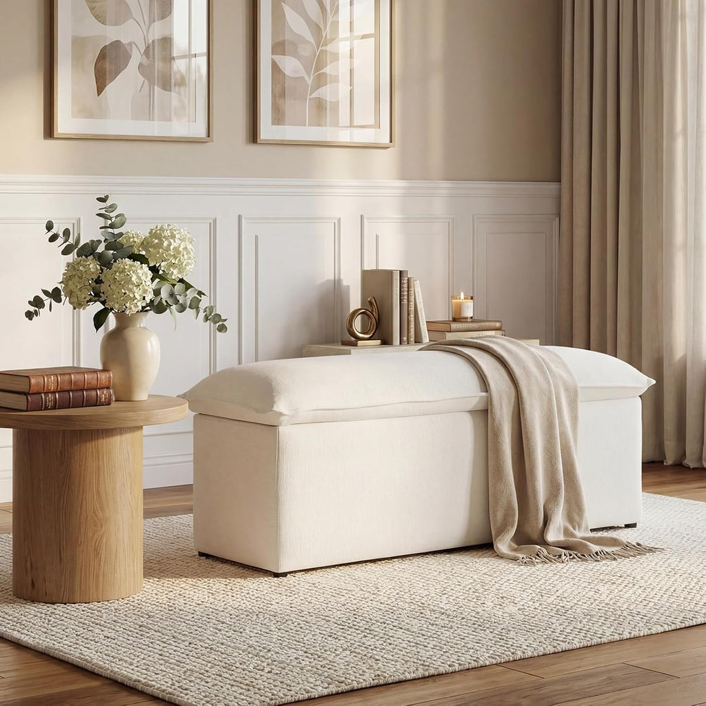 Modern Storage Bench Linen Fabric, Upholstered Storage Ottoman Entryway Bench with Seating Living Room, Beige