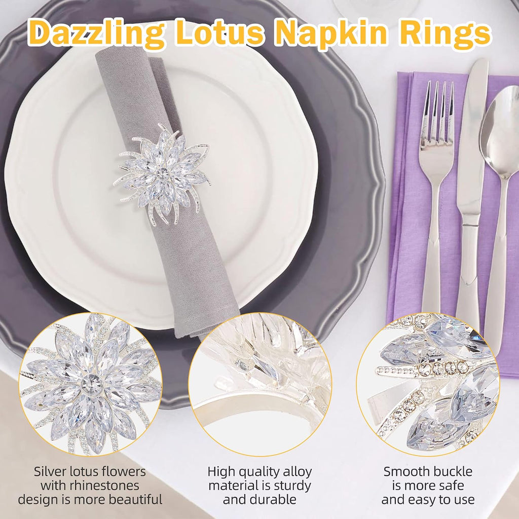 Christmas Flower Napkin Rings, Silver Lotus Elegant Rhinestone Napkin Ring Serviette Buckles Holder - Set of 8