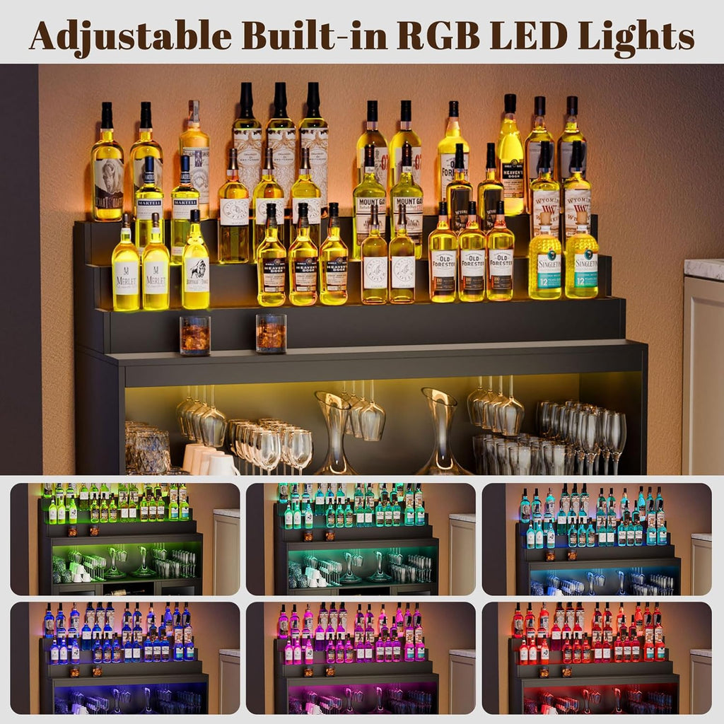 Wine Bar Cabinet with LED Lighted Liquor Bottle Display Shelf, Liquor Cabinet with Glass Holder, Coffee Bar for