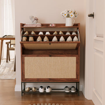 Narrow Shoe Storage Cabinet with 2 Flip Drawers, Walnut