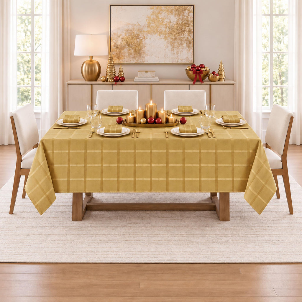 Holiday Elegance Plaid 60 x 120 Inch Rectangle Tablecloth, Gold