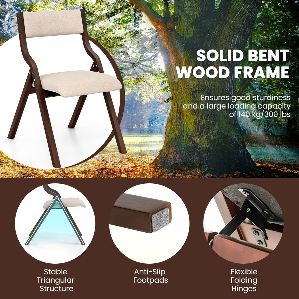 Folding Dining Chairs Set of 4, No Assembly Folding Chairs w/Linen Padded Seats, Wood Foldable Kitchen Chairs, Easy