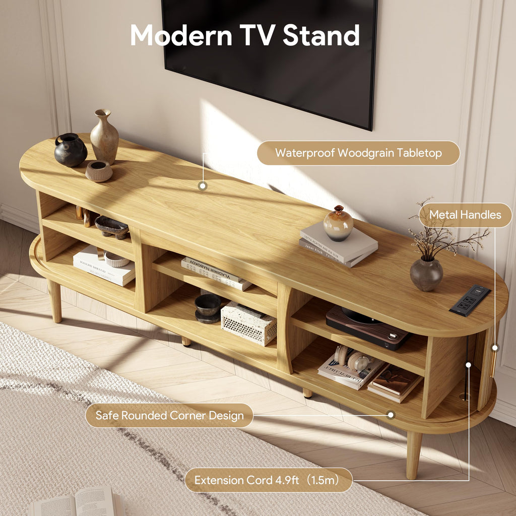 Mid Century TV Stand for TVs up to 80 Inches, Entertainment Center with Storage, Power Outlet, Fluted Sliding Doors &