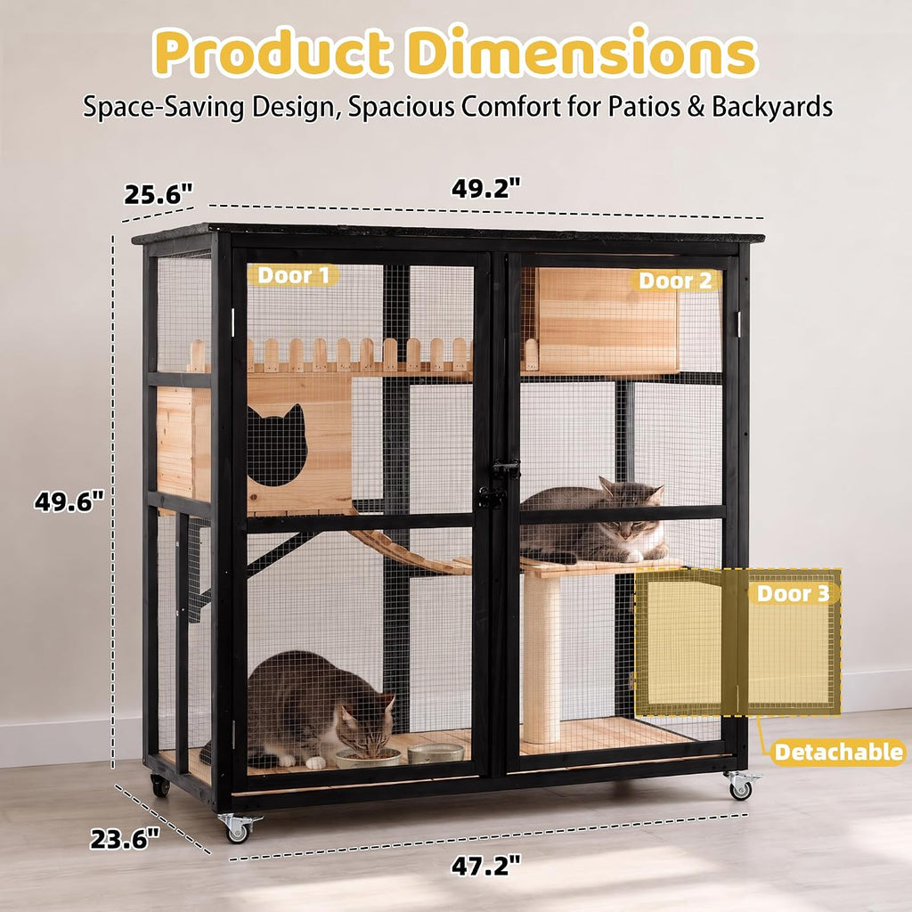 Cat Catio Outdoor Cat Enclosure, Multi-Level Wooden Cat House with Wheels