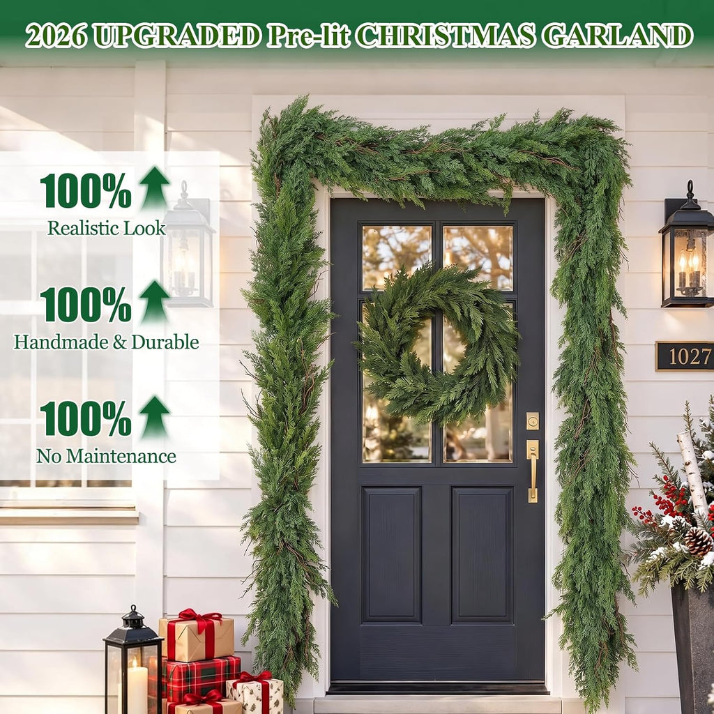 18Ft Real Touch Christmas Garland with Lights, Full Realistic Cedar Garland