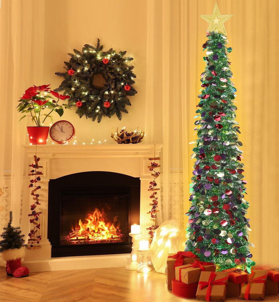 6 FT Pop Up with 100 LED Timer Lights & Remote, Green Christmas Tinsel Tree, Collapsible Artificial Pencil Tree Party