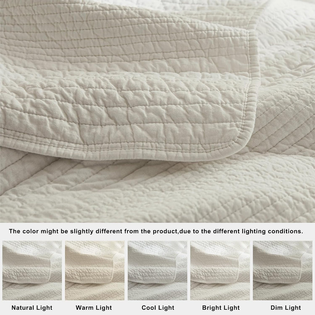 Striped Beige 100% Cotton Quilt King Bedding Sets, Lightweight Crinkly Channel Pick Stitch Textured Bedspread Soft