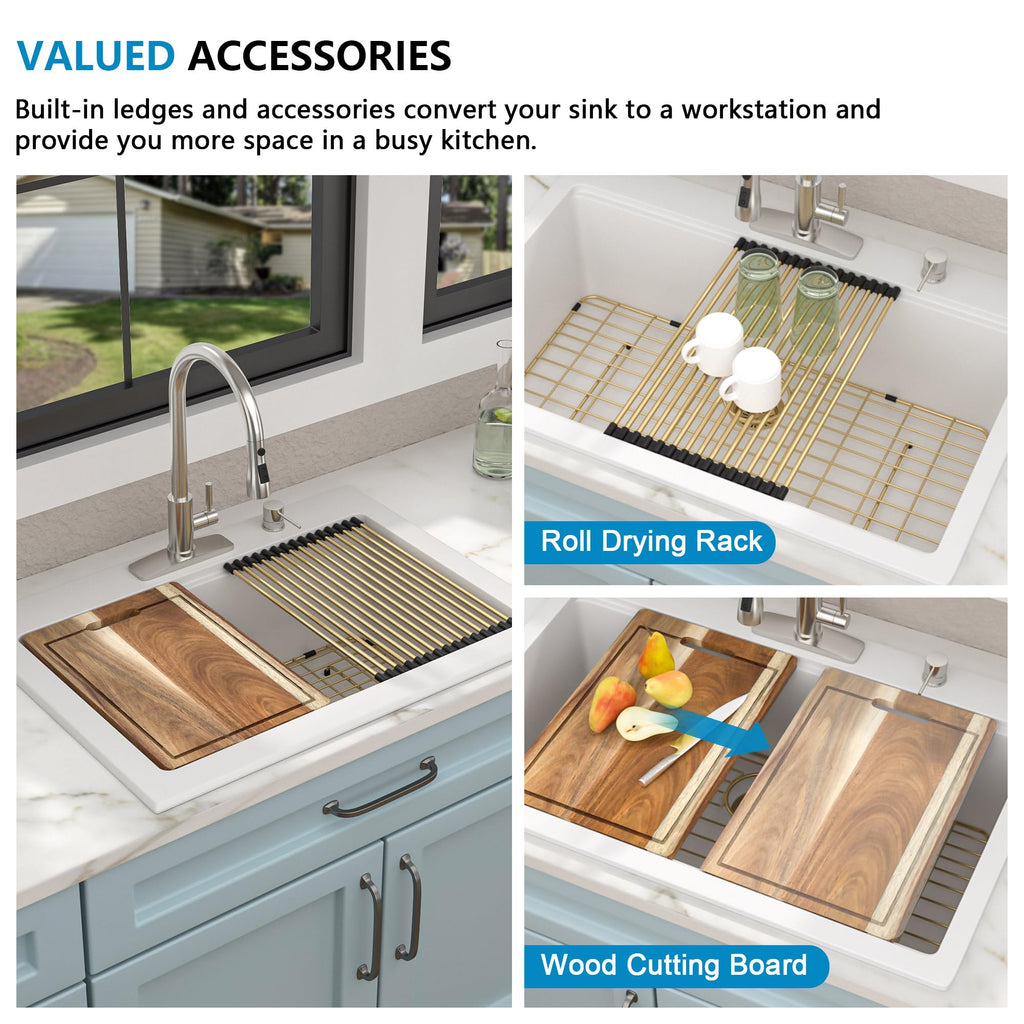 30"x22" Granite Composite Kitchen Sink - White Ledge Workstation Drop In Top-Mount Granite Quartz Classic Luxury