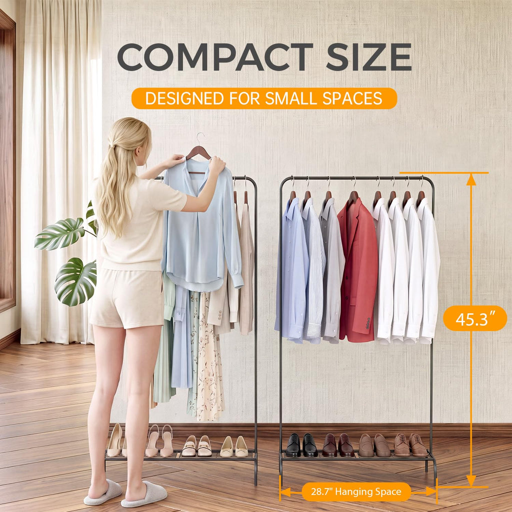 Black Clothing Rack 2 Pack for Small Spaces, Freestanding Garment Rack with Bottom Shelf, Stable Clothes Organizer