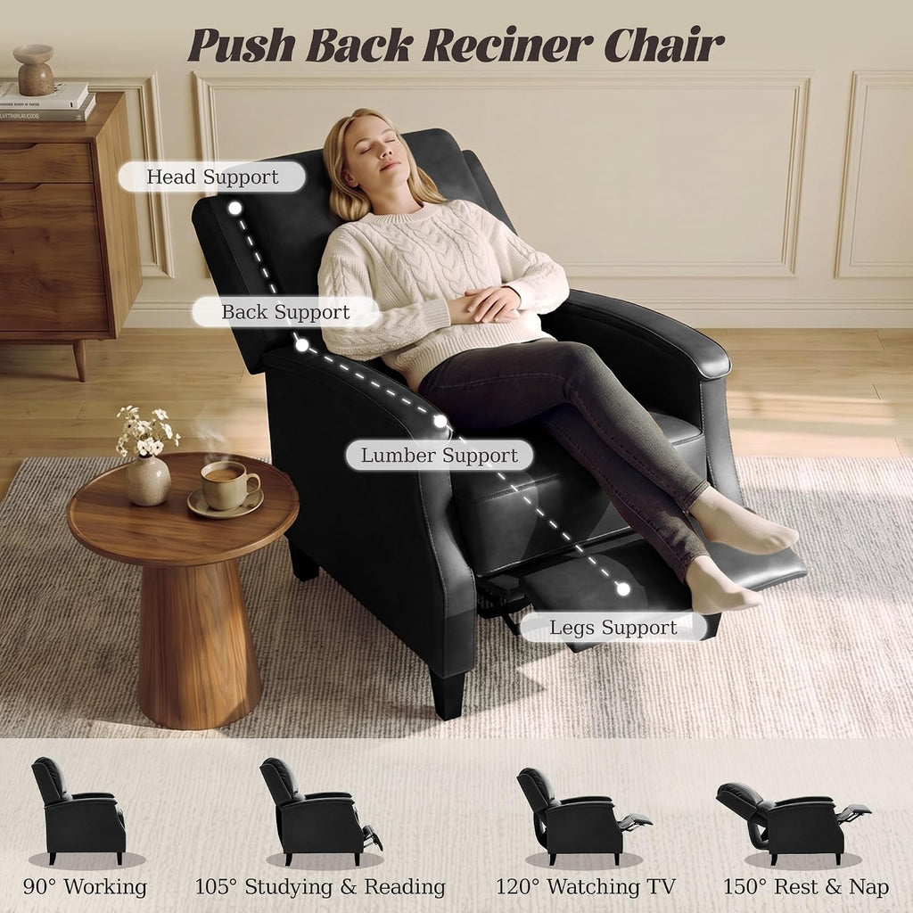 Recliner Chair, Faux Leather Push Back Recliner with Padded Seat, Mid Century Modern Lounge Armchair with Lumbar
