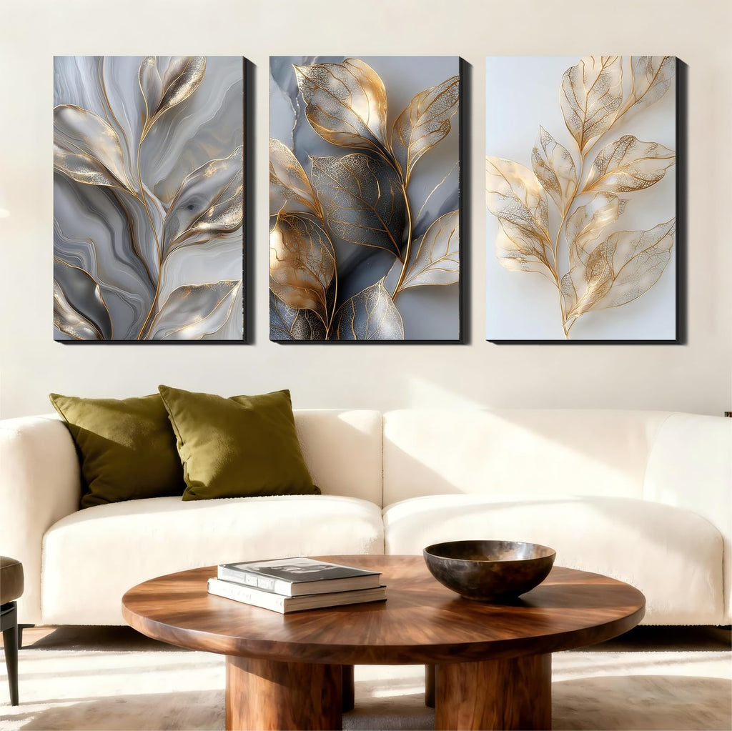 3 Pc Large Wall Art - Gold Leaf Marble Abstract Decor, Luxury Textured Prints, Oversize Elegant Wall Art, Framed
