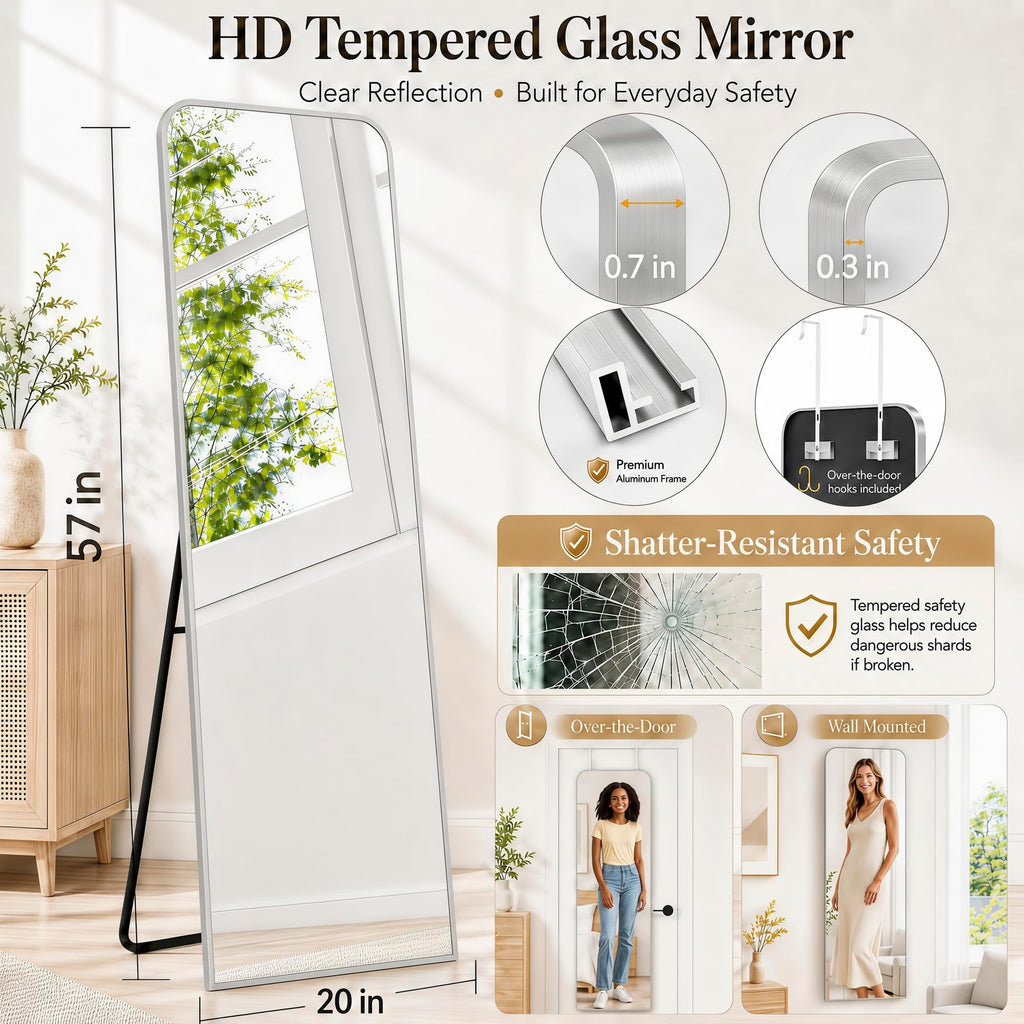 57x20" Full Length Mirror Floor Stand, Over the Door, Wall Mounted Silver