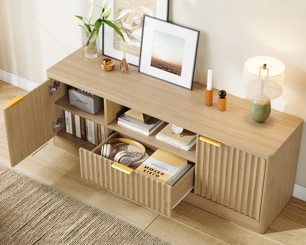 55" TV Stand for TVs Up to 65", Modern Fluted Entertainment Center with Drawer and Open Shelf, Media Console Table